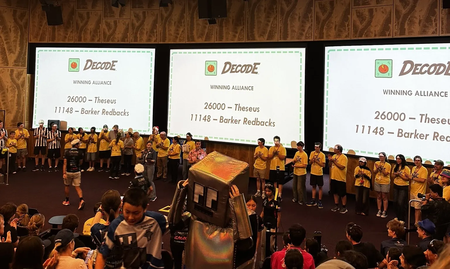 Screens announcing teams 26000 and 11148 as the Winning Alliance at the Australian National Championship