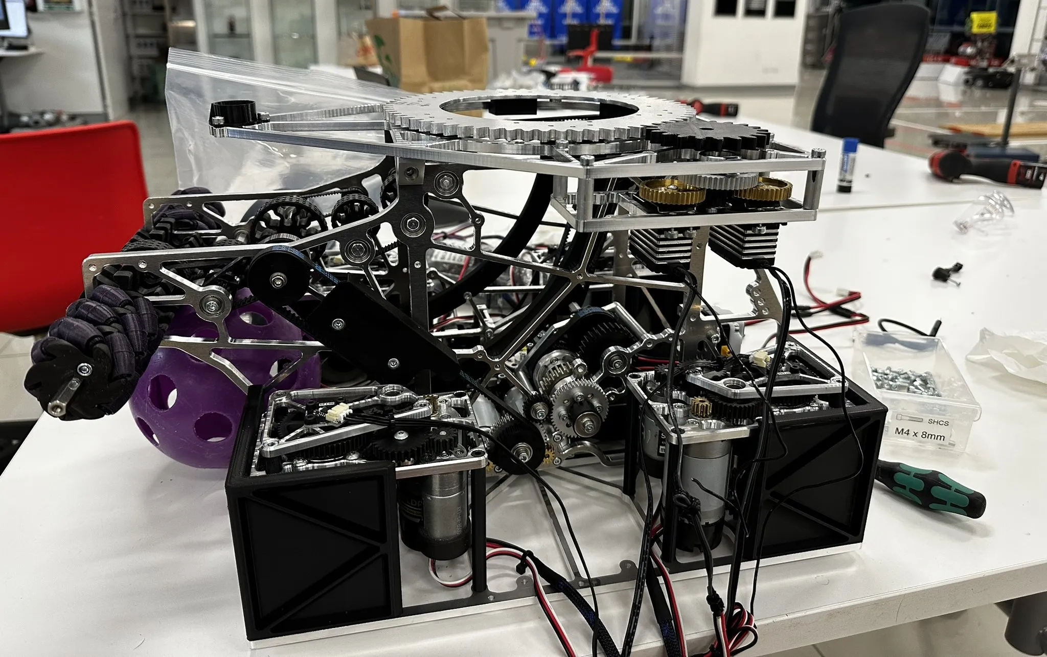 New transfer and turret structure assembled on the custom swerve chassis