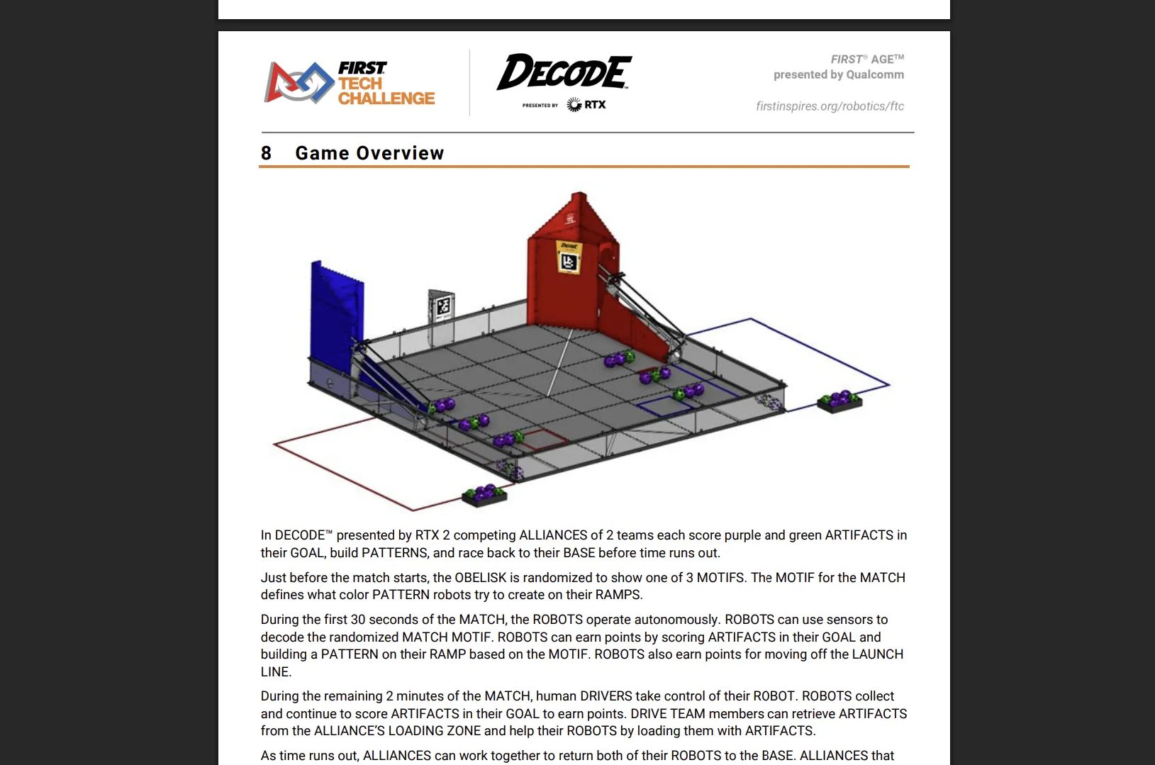DECODE game manual overview showing the FIRST Tech Challenge field and match rules