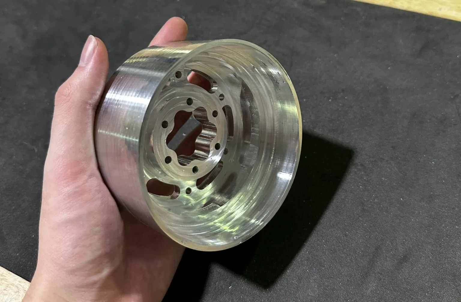 Finished FRC shooter wheel rim after machining