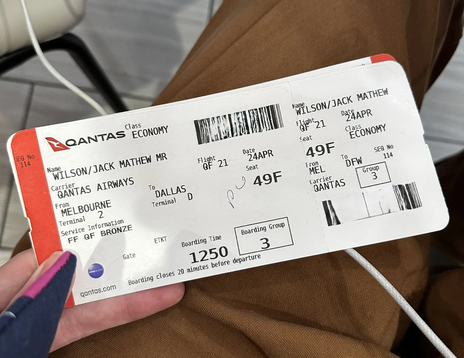Boarding pass for the flight from Melbourne to Dallas