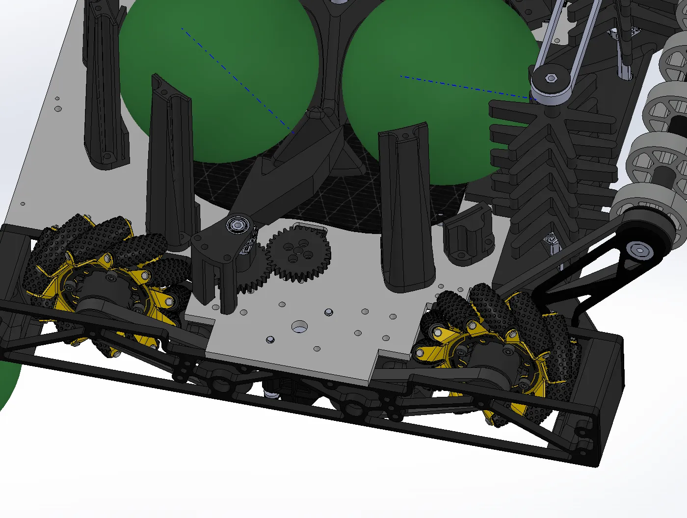 Detailed robot CAD showing the spindexer packaged within the chassis