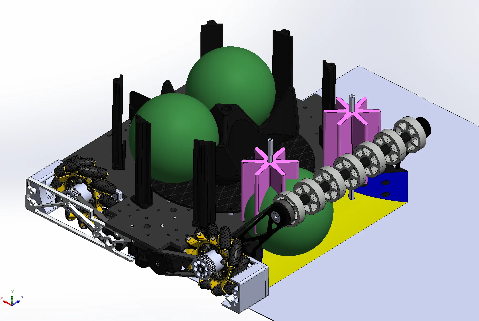Early robot CAD showing a three-ball spindexer within the chassis
