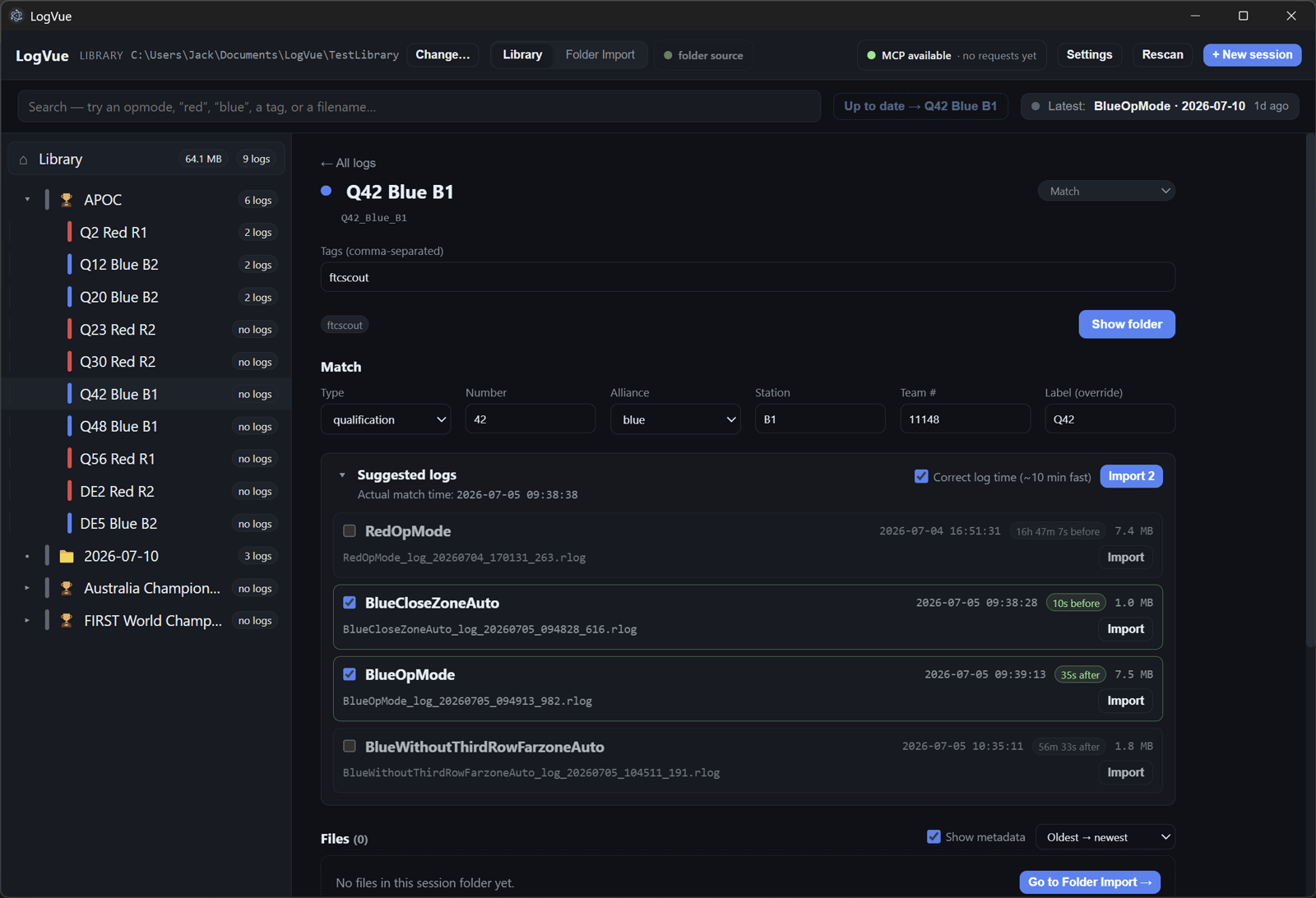 LogVue match view with timestamp-matched Control Hub logs ready to import