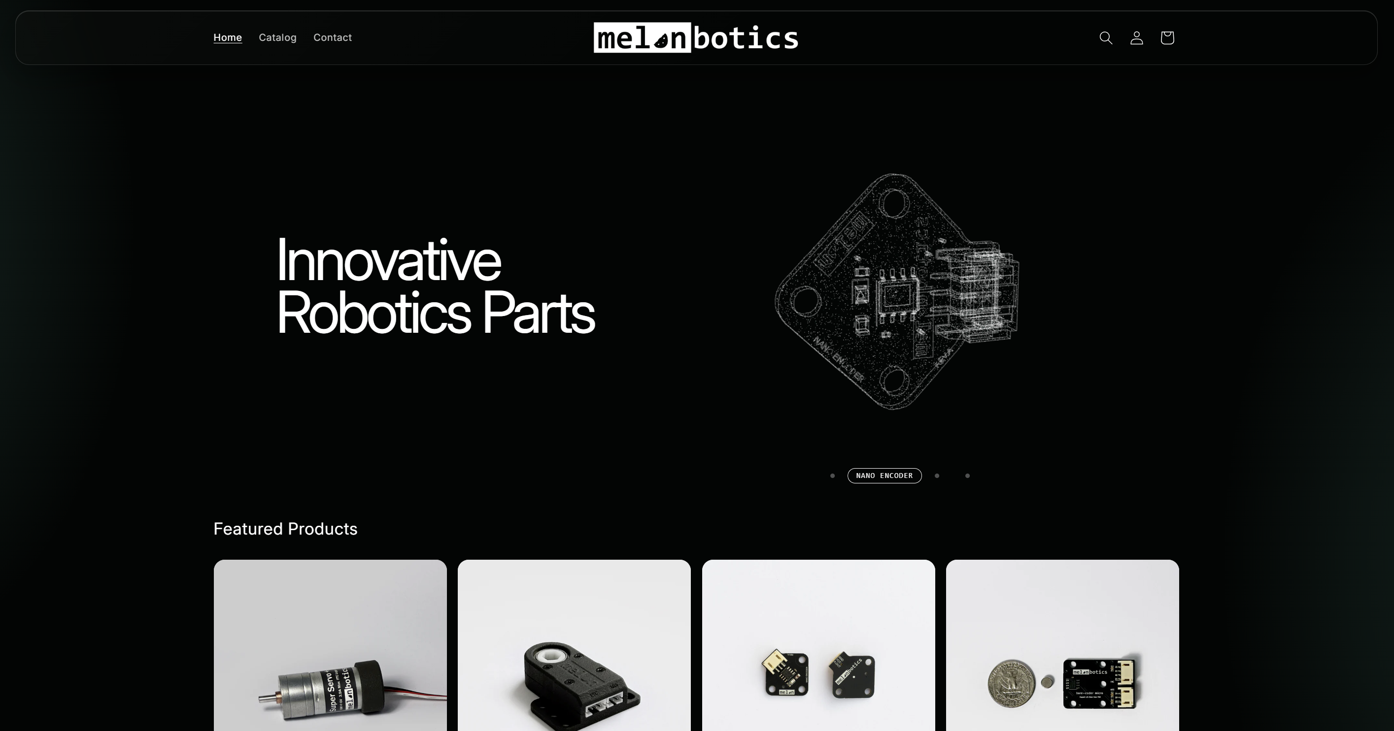 Melonbotics homepage with an Innovative Robotics Parts hero and featured products